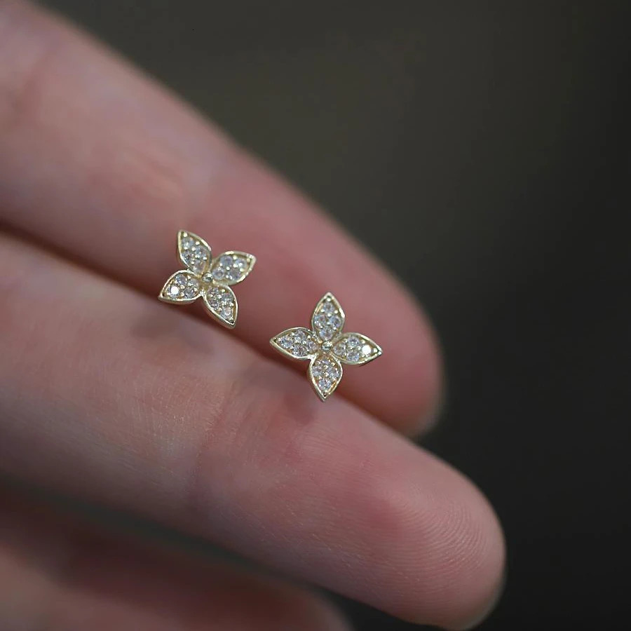 ITSMOS 925 Sterling Silver Plated 14K Gold Pave Earrings Small Piercing Studs Diamond Jewelry Flower for Women 241031