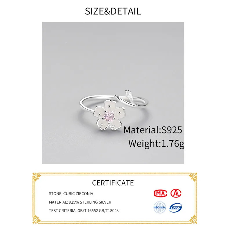 Real 925 Sterling Silver Zircon Enamel Plum Flower Adjustable Ring Elegant Fine Jewelry For Women Romantic Party Bijoux 241031
