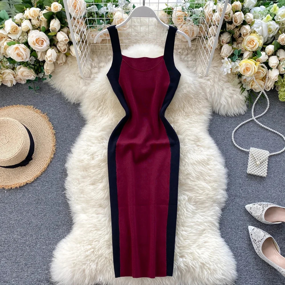 Summer Womens Knitting Sheath Letters Tank Dress Female Bodycon Knitted Camisole Sleeveless Patchwork Mini Dresses For Woman 241031
