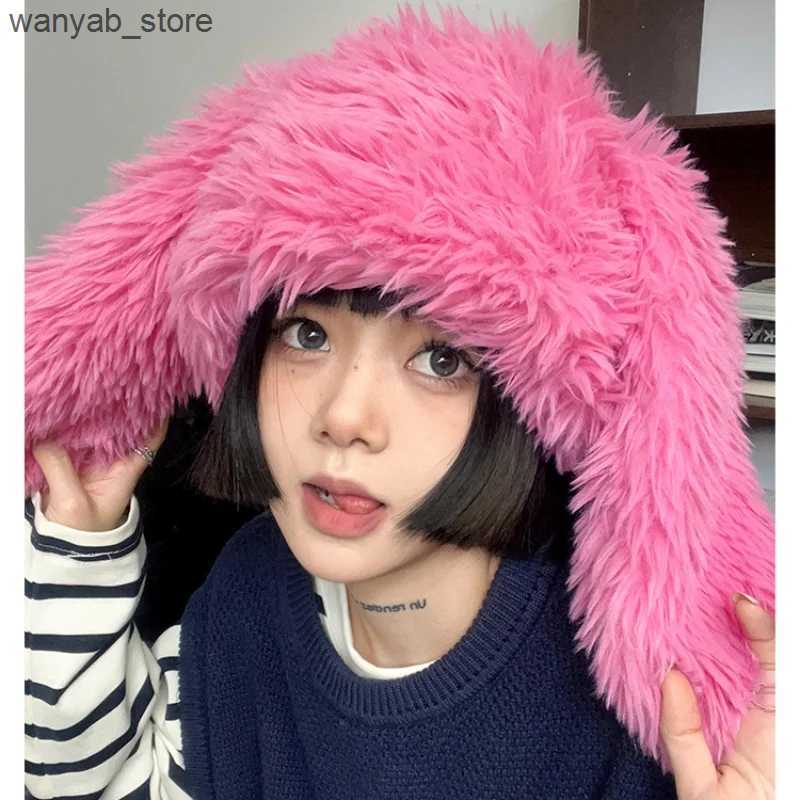 Wide Brim Hats Bucket Hats 2023 New Rabbit Ears Beanies Korea Ins Niche Cute Rose Red Plush Pullover Cap Winter Warm Keeping Funny Photography Womens 