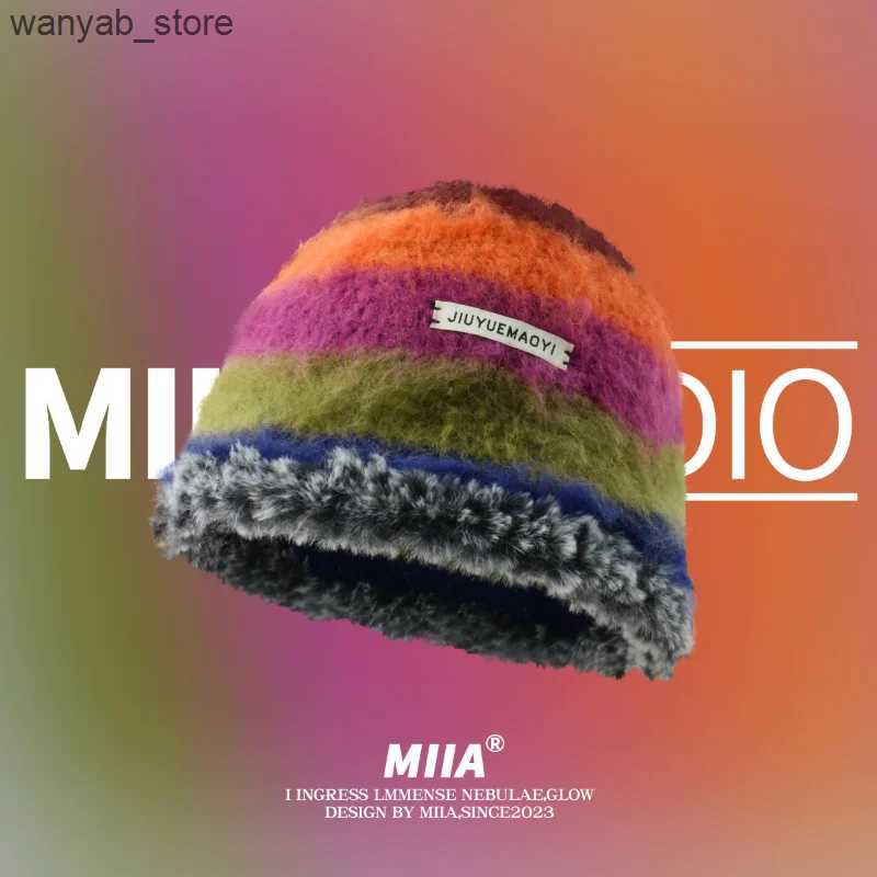 Wide Brim Hats Bucket Hats Japanese New Gradient Wool Vintage Color Stripe Beanies Women Handmade Crochet Beanie Thick Warm Knitted Hat Winter Bucket 