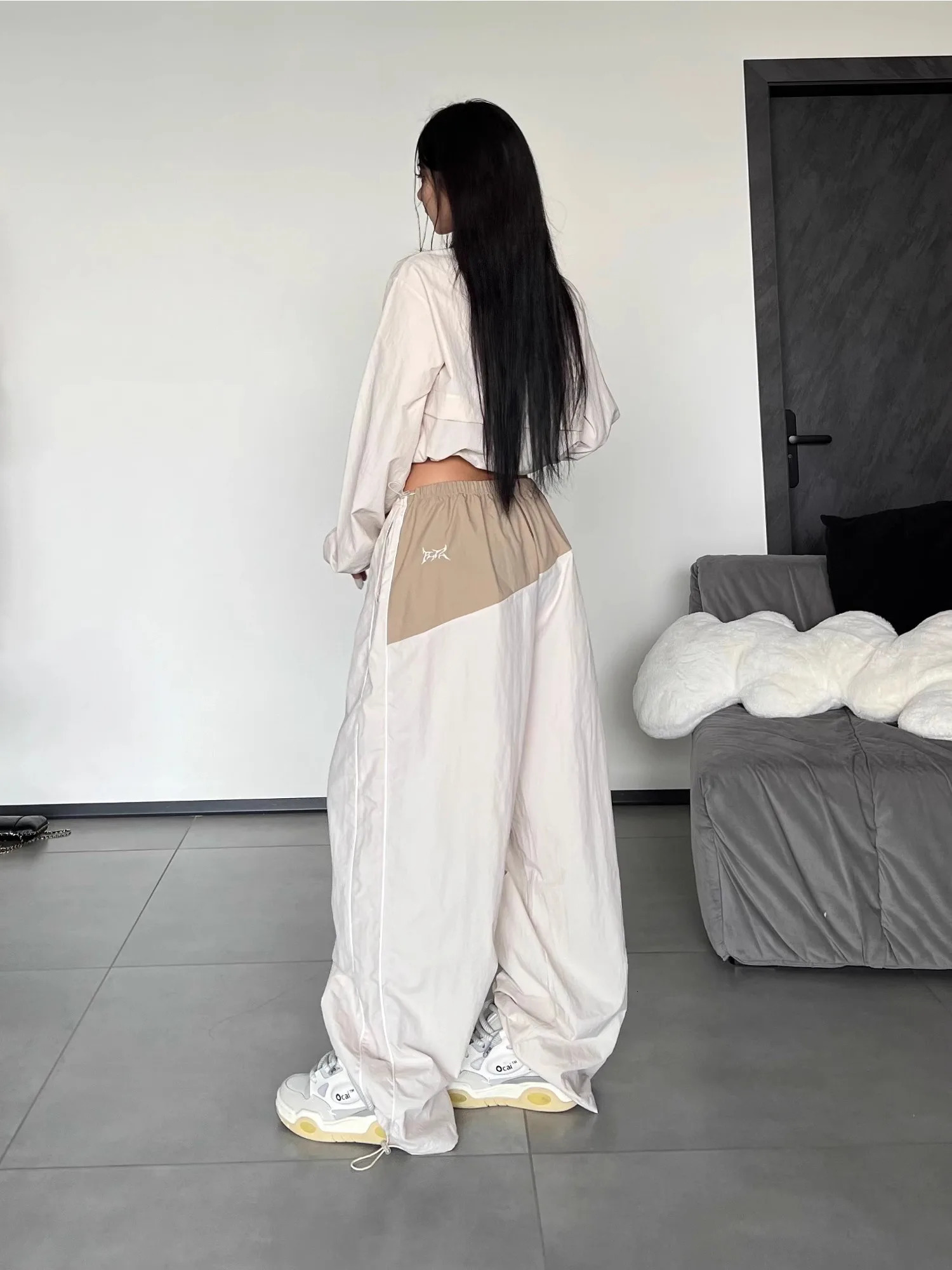 QWEEK Y2K Streetwear Khaki Pants Sets Women Gorpcore Vintage 90s Beige Tracksuit Oversized Kpop Fashion Harajuku Two Piece Set 240320