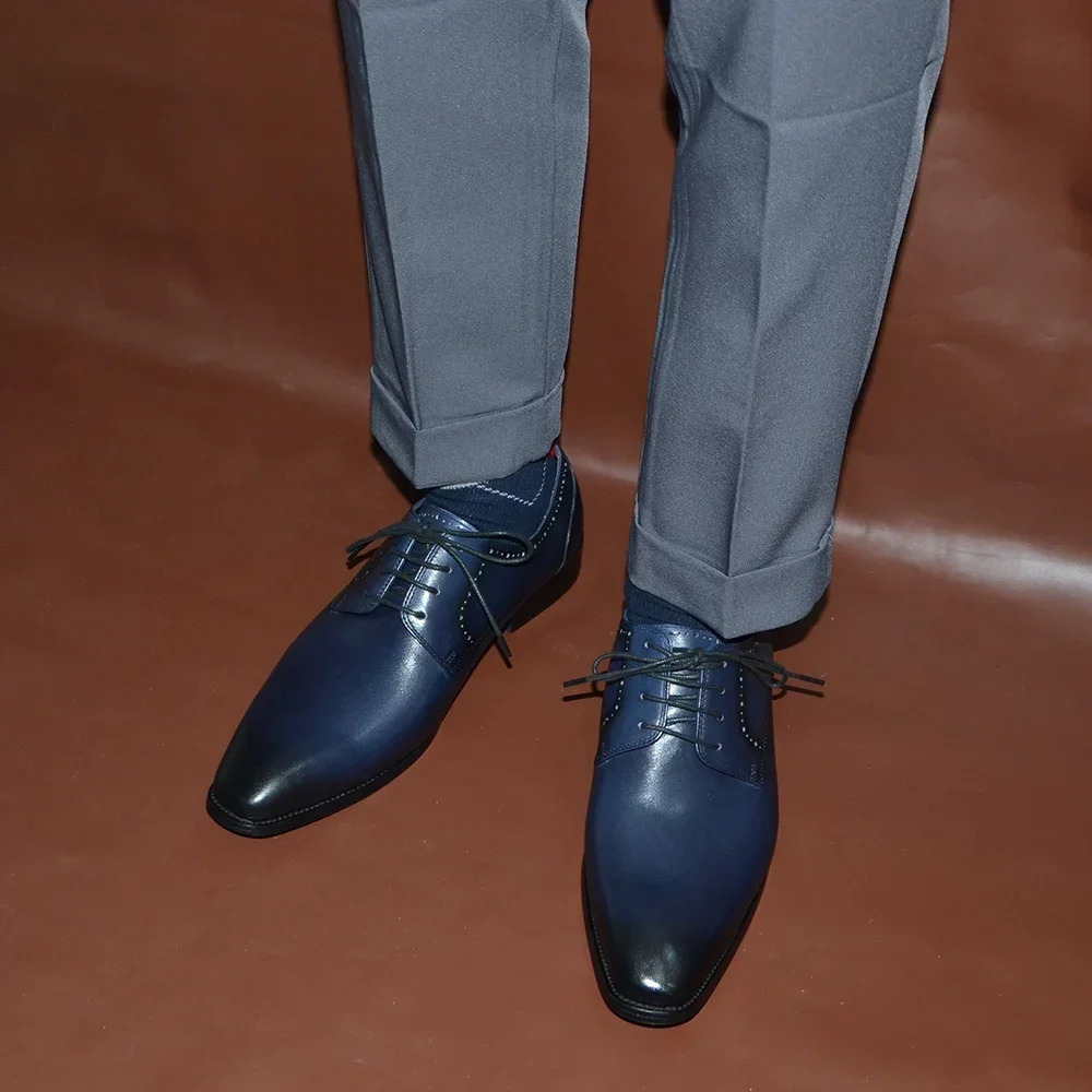 2025 Original Derby Mens Dress Shoes Blue Genuine Leather Lace Upper Flat Dot Upper Formal Mens Wedding Business Shoes 241031
