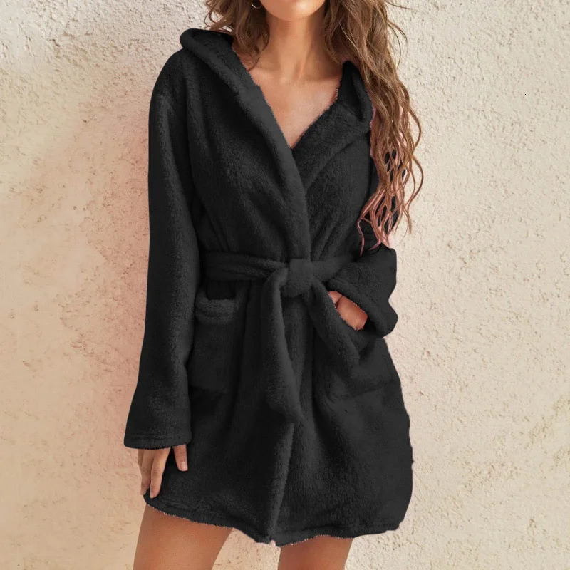 Womens Bathrobe Winter Fluffy Plush Pajama Womens Sexy Hooded Dress Solid Color Dress Warm Bathroom Womens Home Clothing 241031