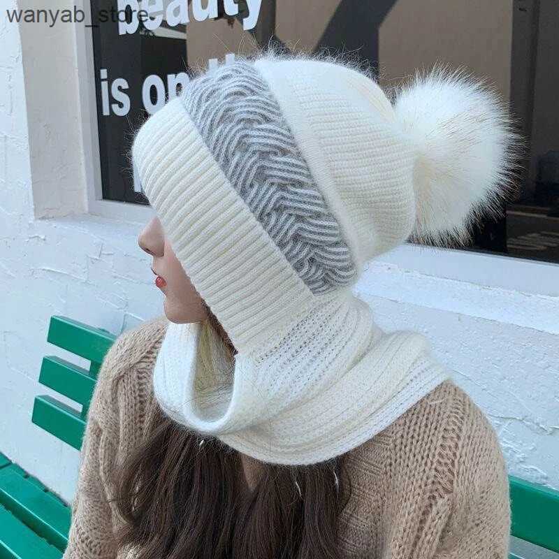 Wide Brim Hats Bucket Hats Scarf One Piece Hat Women Winter Cycling Windproof Woolen Hat outdoor Thickened Knitted Hooded Cap Shawl hats neck warmer b