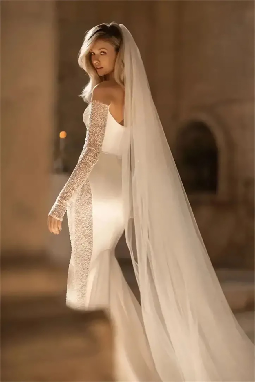 Sequin and Newest Satin Splice Mermaid Wedding Dresses Off the Shoulder Long Sleeve Draped Bridal Gowns Sweep Train Robe De Mariee