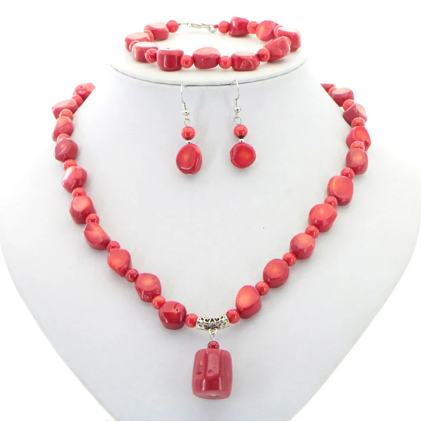 Natural stone red coral irregular shaped isolation bead pendant necklace bracelet earrings womens exquisite jewelry set 241031