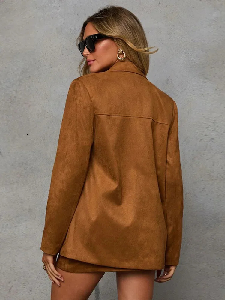 Elegant brown suede for women fashionable lapel long sleeved jacket with pockets mini ski suit autumn womens high street wear 241031