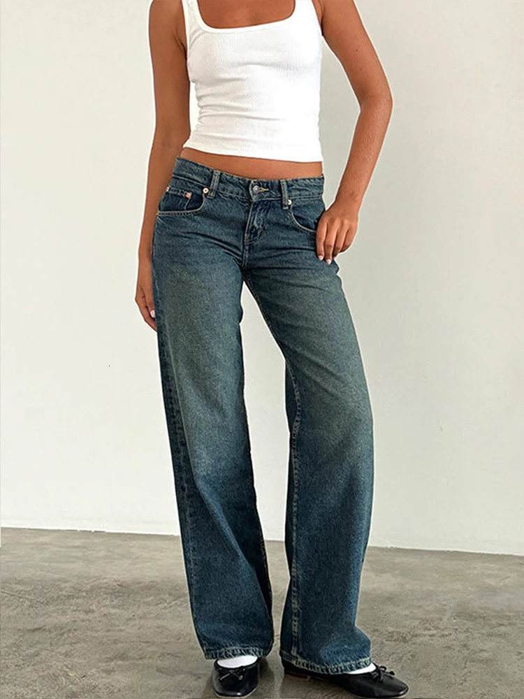 Women Vintage Aesthetic Y2k Low Rise Baggy Jeans Loose Fit Boyfriend Straight Wide Leg Jeans Trendy Stretch Long Denim Pants 241031