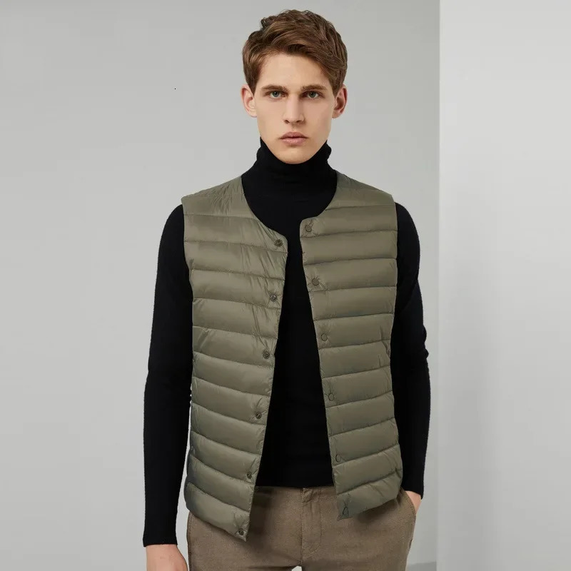 Men Autumn Winter Warm Sleeveless Line Puffer Jacket 2023 Vneck Slim Ultra Lightweight Packable Mens Down Vest Coats 241024