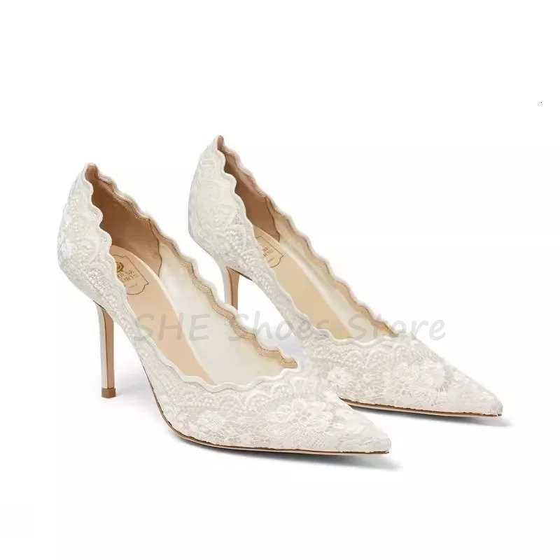 White Embroidered Lace Pumps for Women Summer Breathable Wedding Bride Shoes Pointed Toe Thin Hight Heel Shallow Ladies Sandals 241031