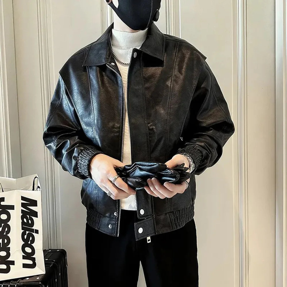 Mens leather jacket pocket zipper leather jacket autumn casual streetwear trend daily top mens unisex 241031