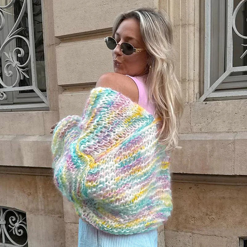 BUILDINGB Fashion Ladies V-Neck Long Sleeve Cardigan Autumn Streetwear Loose Coats Elegant Rainbow Crochet Hollow Knitted 240323