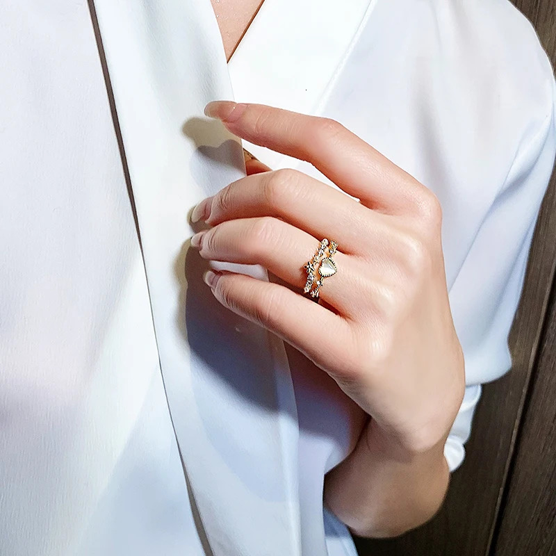 Koreas fashion jewelry 14K gold plated simple double love crystal ring elegant womens daily opening accessories 241031