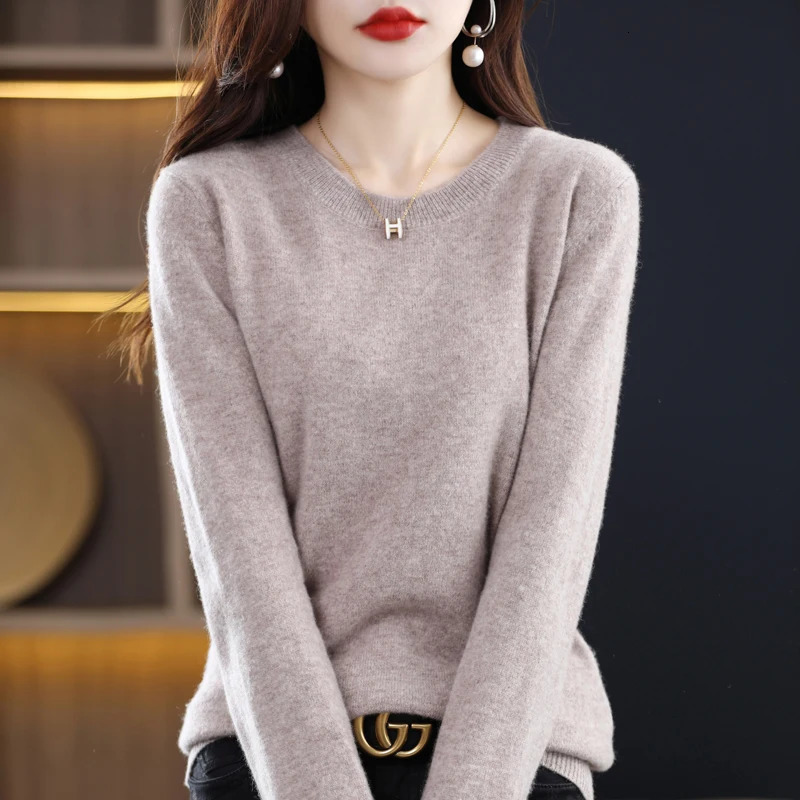 100% Merino Pure Wool Sweater Womens AutumnWinter Long Sleeved Solid Color Pullover Round Neck Basic Knitted Jumper Top 241029