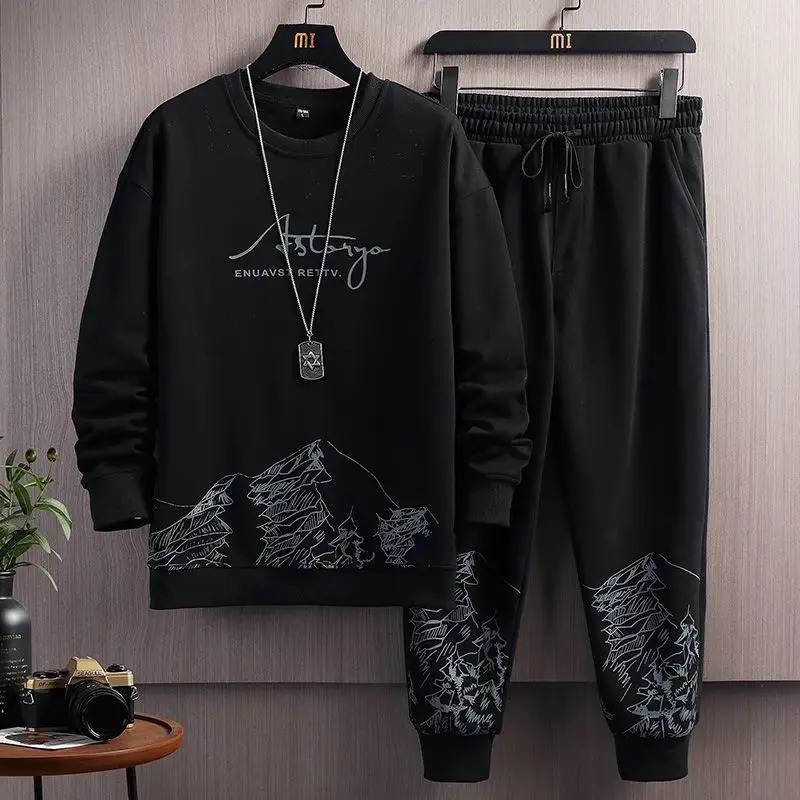 Autumn Winter Men Trendy Vintage Print Fleece Thick Sweatshirt Long Sleeve Sports Hoodie Casual Streetwear Loose Sweatpants Sets 241031