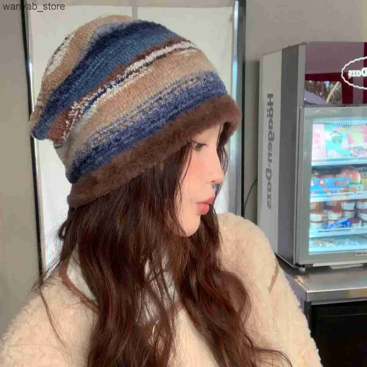Wide Brim Hats Bucket Hats 2024 New Mink Velvet Hoody Hat Strap Beanie Hat Women Autumn Winter Warm Knitted Hat Rainbow Colored Stripe Pullover Hat Ho