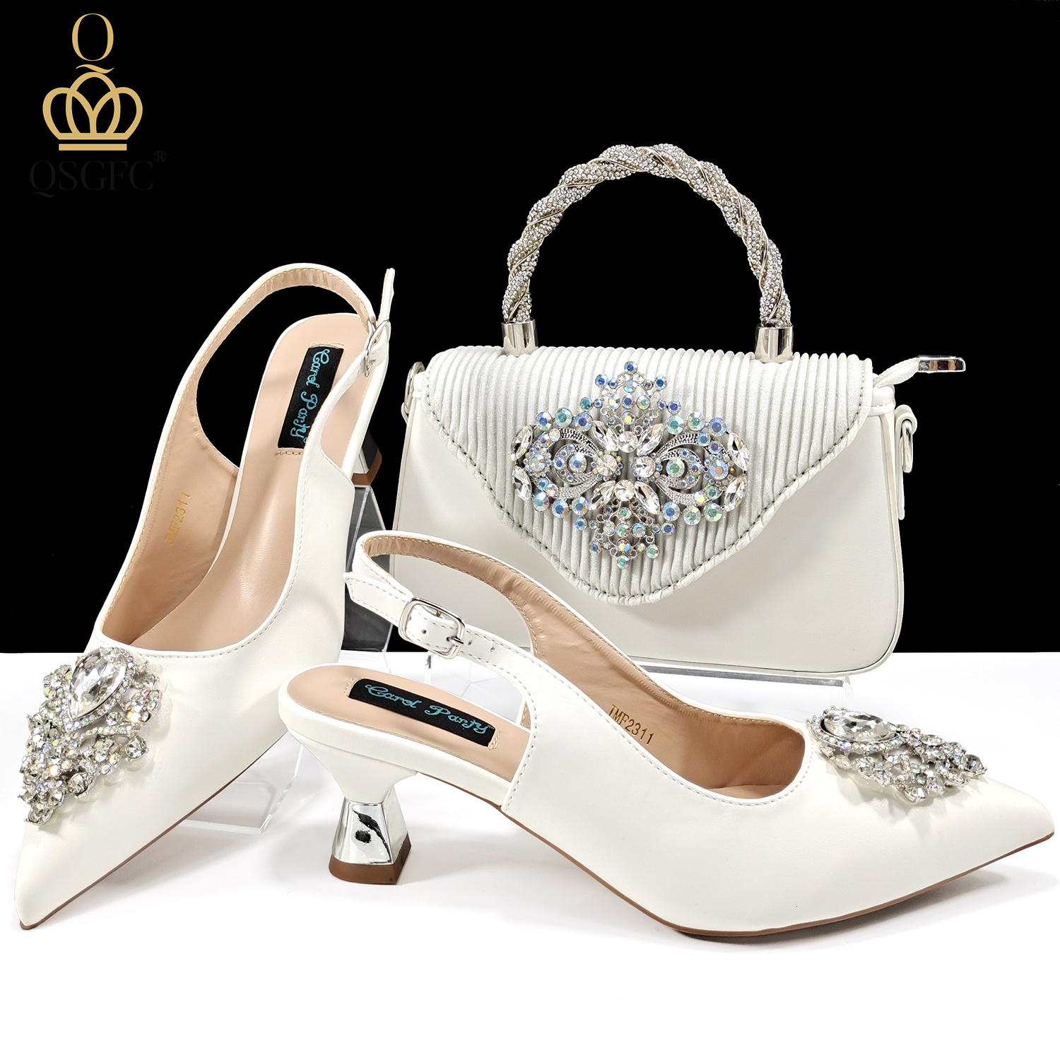 QSGFC 2024 Italian Design Girly Style White Color Pointed Toe Wedding Shoes And Full Dia Decoration Handle Bag