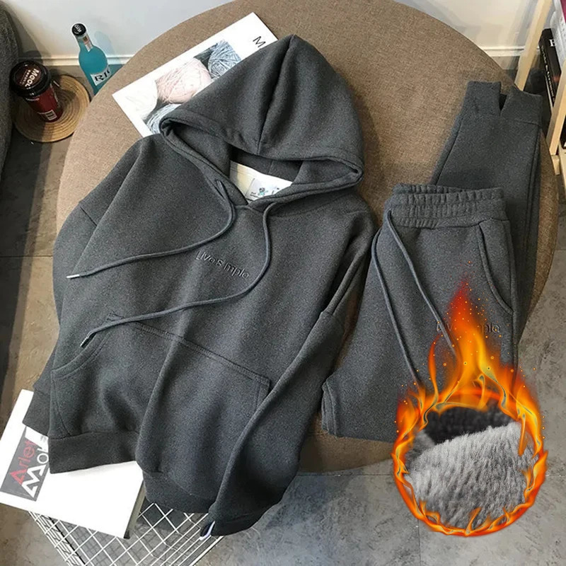 Winter Jogger 2 Pieces Sets Warm Hooded Sweatshirt Tracksuit High Waist Harem Pants Suits Plush Lined Thick Baggy Conjuntos 241031