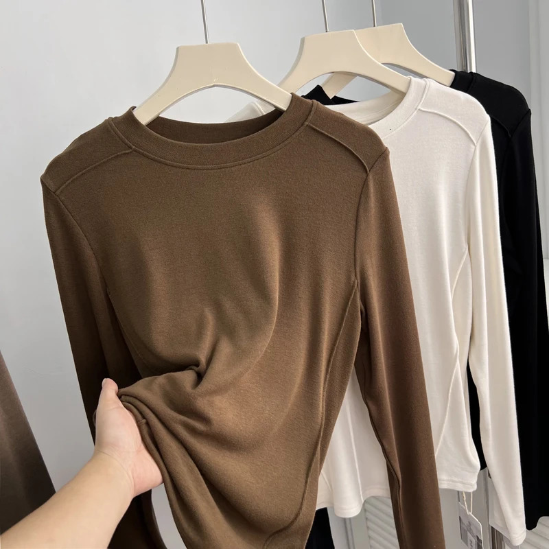 Ultra thin fitting striped pit solid basic top round neck long sleeved T-shirt for womens spring and autumn inner layer shiny lace tee 241031
