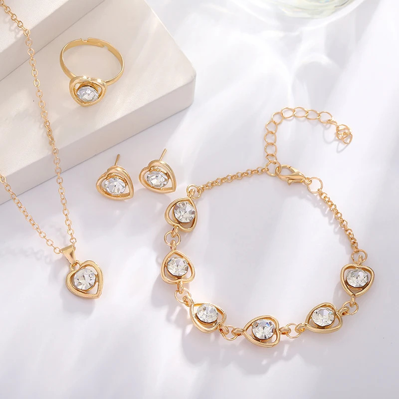 5Pcs Heart shaped Jewelry Set Necklace Ring Earring Bracelet Female Bridal Wedding Accessories Anniversary Gift 241031