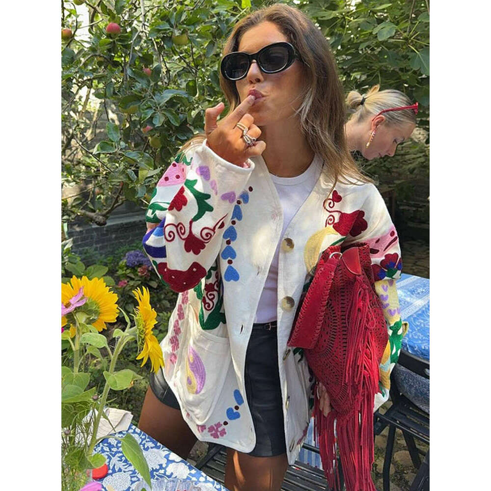 Printed Women's Jacket 2024 Autumn Long Sleeve Single Breasted Female Coats Street Fashion Loose O Neck Contrast Lady Outwears