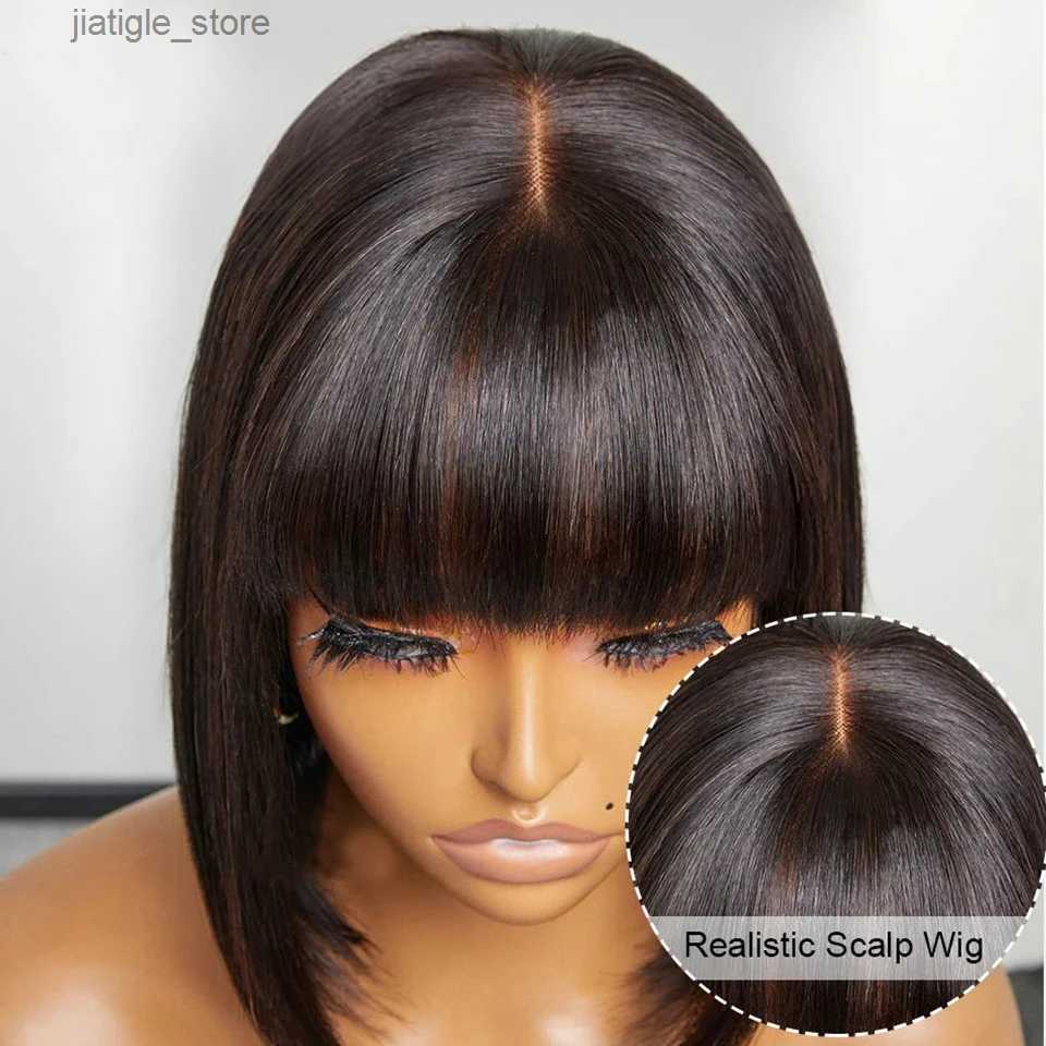 Synthetic Wigs Glueless Wig Human Hair Ready To Wear % Human Hair Wigs Short Bob Wig With Bangs Full Machine Made Straight Human Hair Wigs Y240401