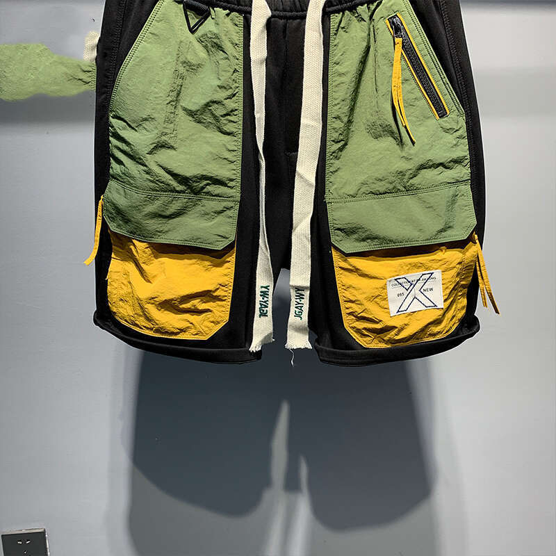 Young Style Trend Summer New Men's Elastic Waist Drawstring Contrast Color Zipper Fashion Versatile Loose Cargo Casual Shorts