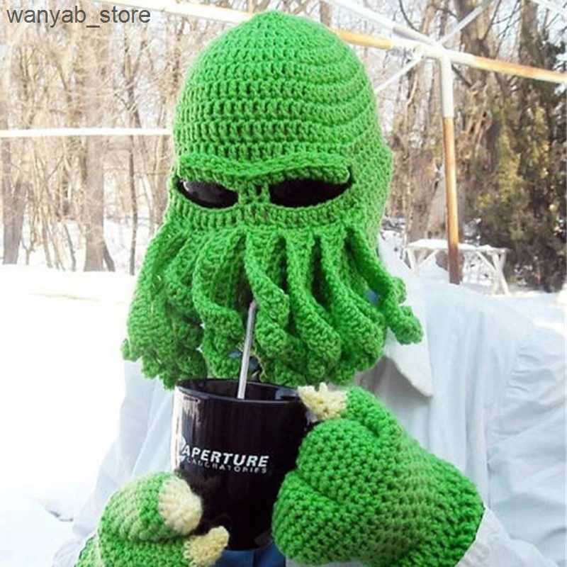 Wide Brim Hats Bucket Hats Novelty Handmade Funny Tentacle Octopus Hat Crochet Cthulhu Beard Beanie Mens Womens Knit Wind Mask Cap Halloween Animal Gi