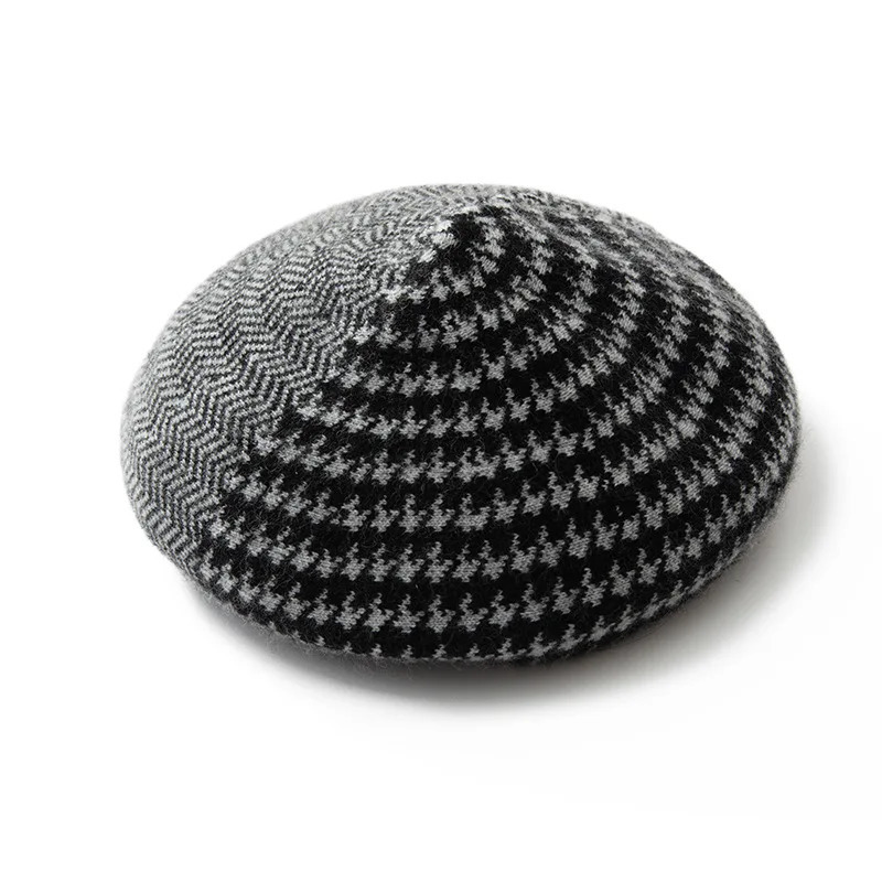 Thousand Birds Plaid Cashmere Ladies High Quality Beret With Knitted Hat Casual British Vintage 241031