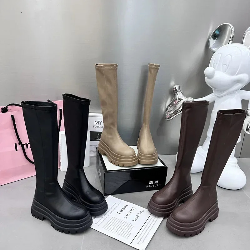 Winter Women Knight High Boots Fashion Back Zippers Ladies Elegant Platform Flats Long Booties Short Plush Womens Footwear 241031
