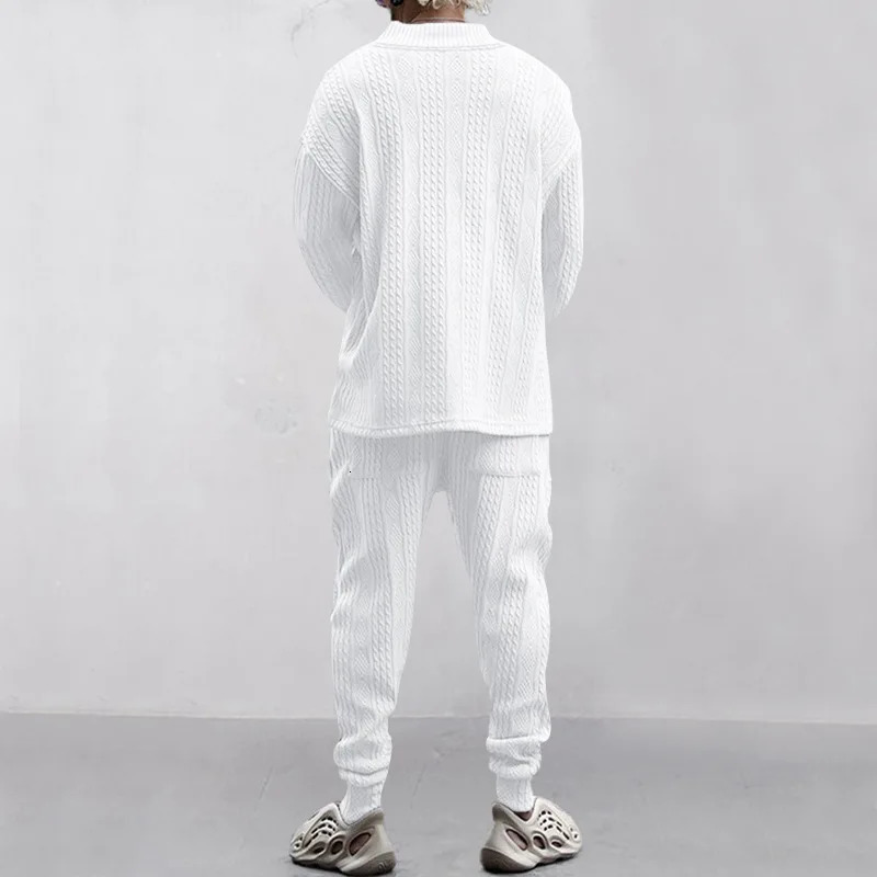 Male Beach Set Quick Dry Hawaiian Casual Pants Vneck All Matching Jacquard Knit Mens Suit Solid Color LongSleeved TopPants 241031