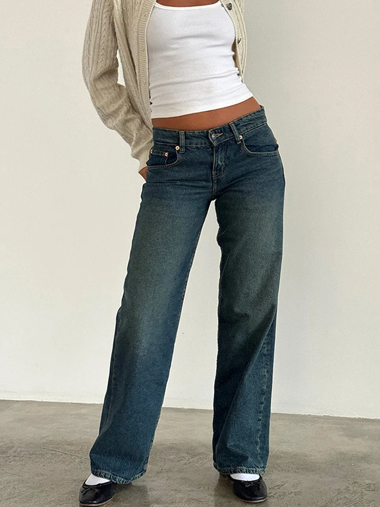 Women Vintage Aesthetic Y2k Low Rise Baggy Jeans Loose Fit Boyfriend Straight Wide Leg Jeans Trendy Stretch Long Denim Pants 241031