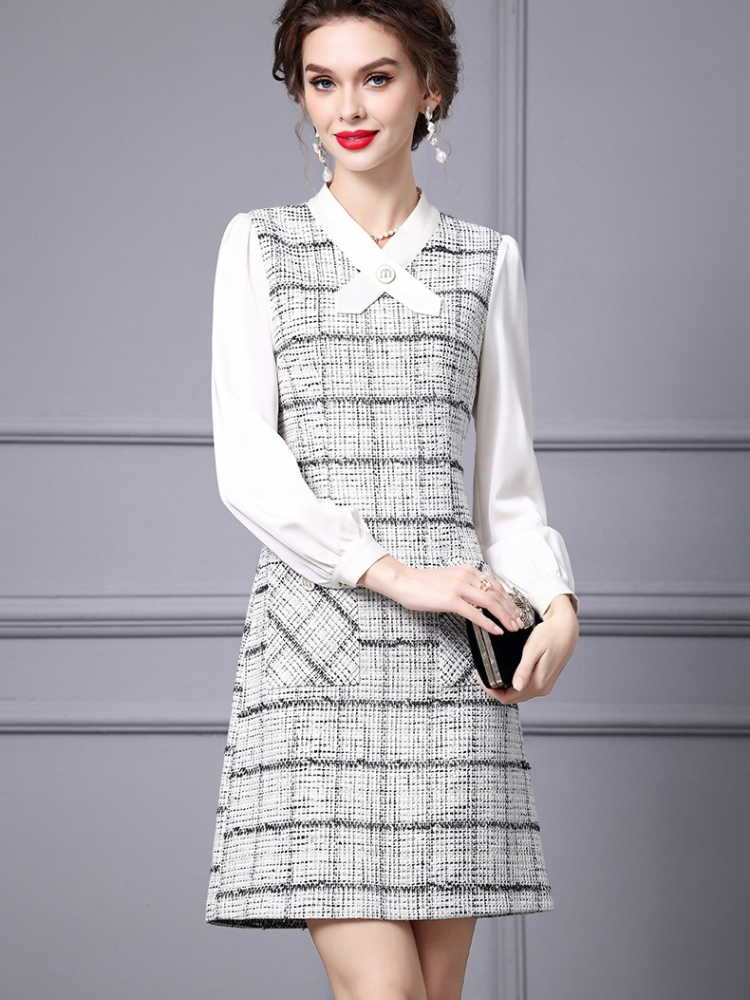 OC 413n57 Women's Dress Handmade Basic Casual Dresses Autumn and Winter Coarse Floral Woolen Commuting Skirt Customization Plaid Top