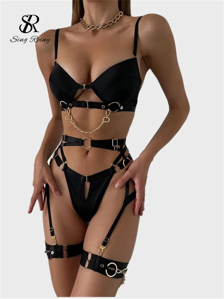 SINGREINY Sexy Fashion Chain Erotic 3 Pieces Sets Ladies Straps Backless Corset Underwear Solid Erotic Sensual Bra Briefs Suits 241031