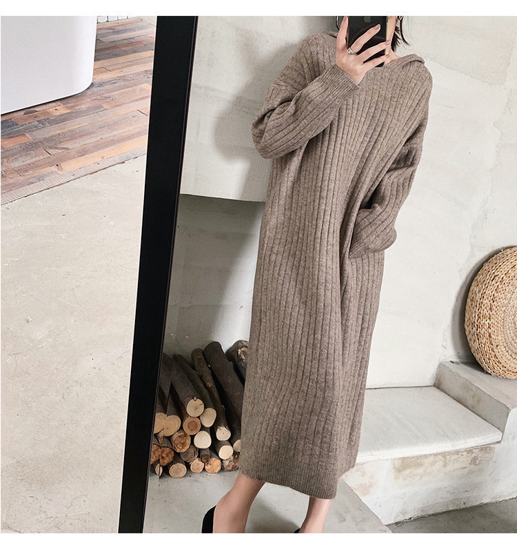 Long Over Knee Hooded Knitted Sweater Women Autumn Winter New Style Loose And Lazy Wind Driven Fur Dress Fashionable Base Dress For Women F1101#45