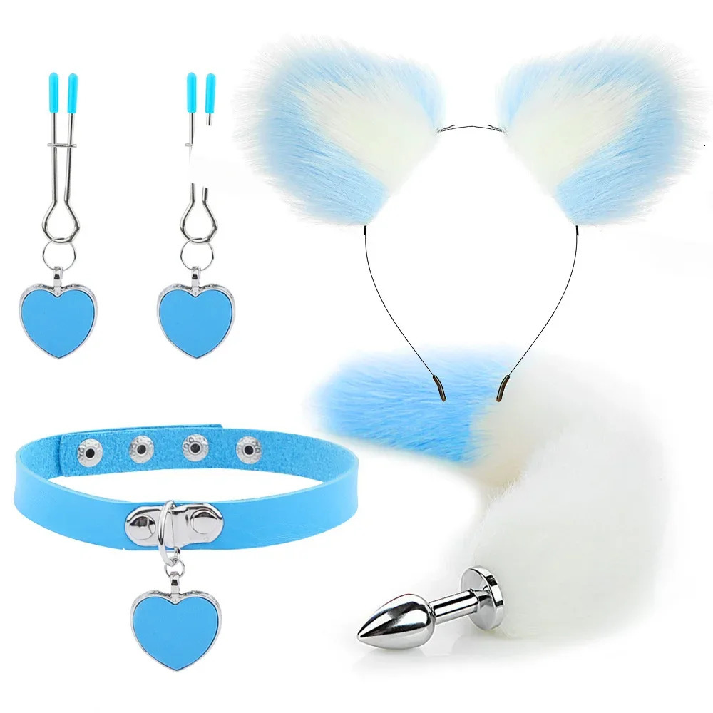 Anal Sex Toys Fox Tail Butt Plug Sexy Plush Cat Ear Headband With Bells Necklace Set Massage Sex toys For Women Couples Cosplay 241031