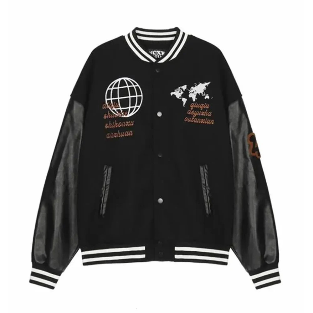 Autumn/Winter American Retro Baseball Jacket Mens Letter Global Embroidered Patch Work Casual Leather Jacket Pilot Loose Jacket 241031