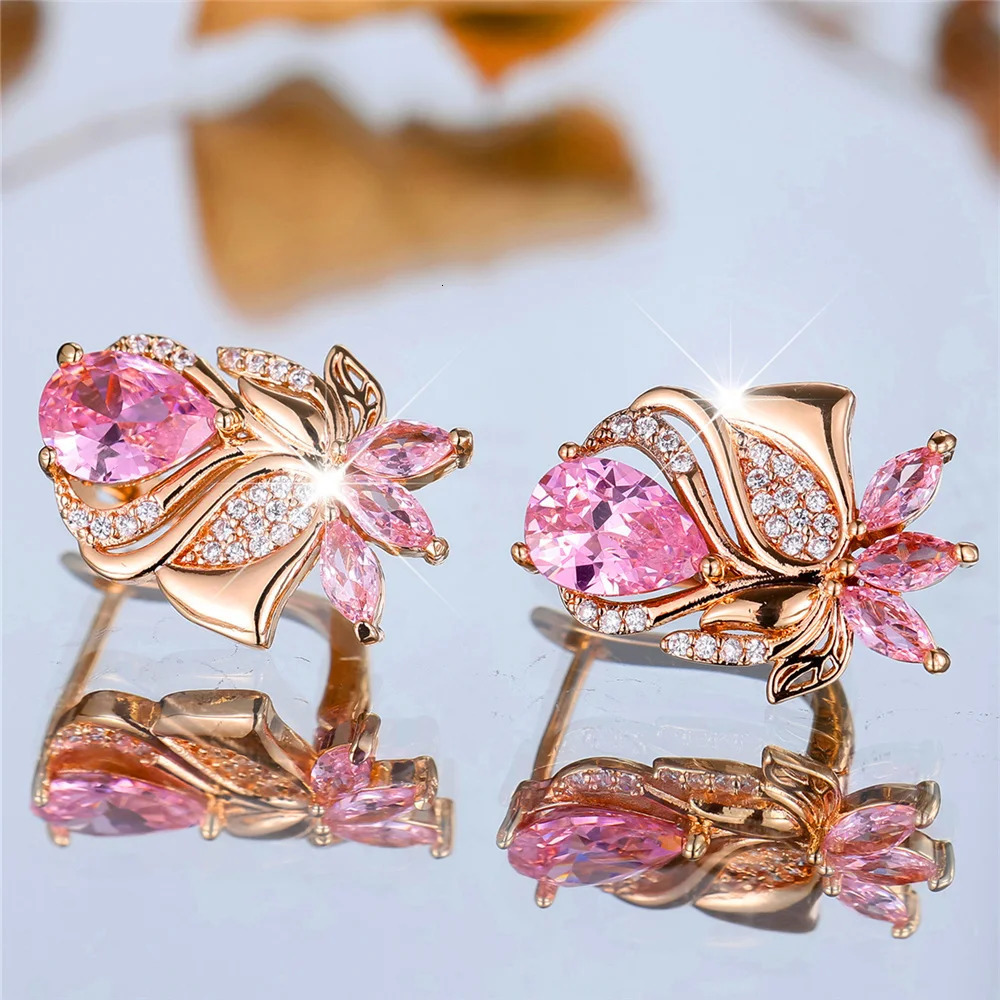 Female Pink Zircon Stone Hoop Earrings Fashion Gold Color Wedding Jewelry For Women 241031
