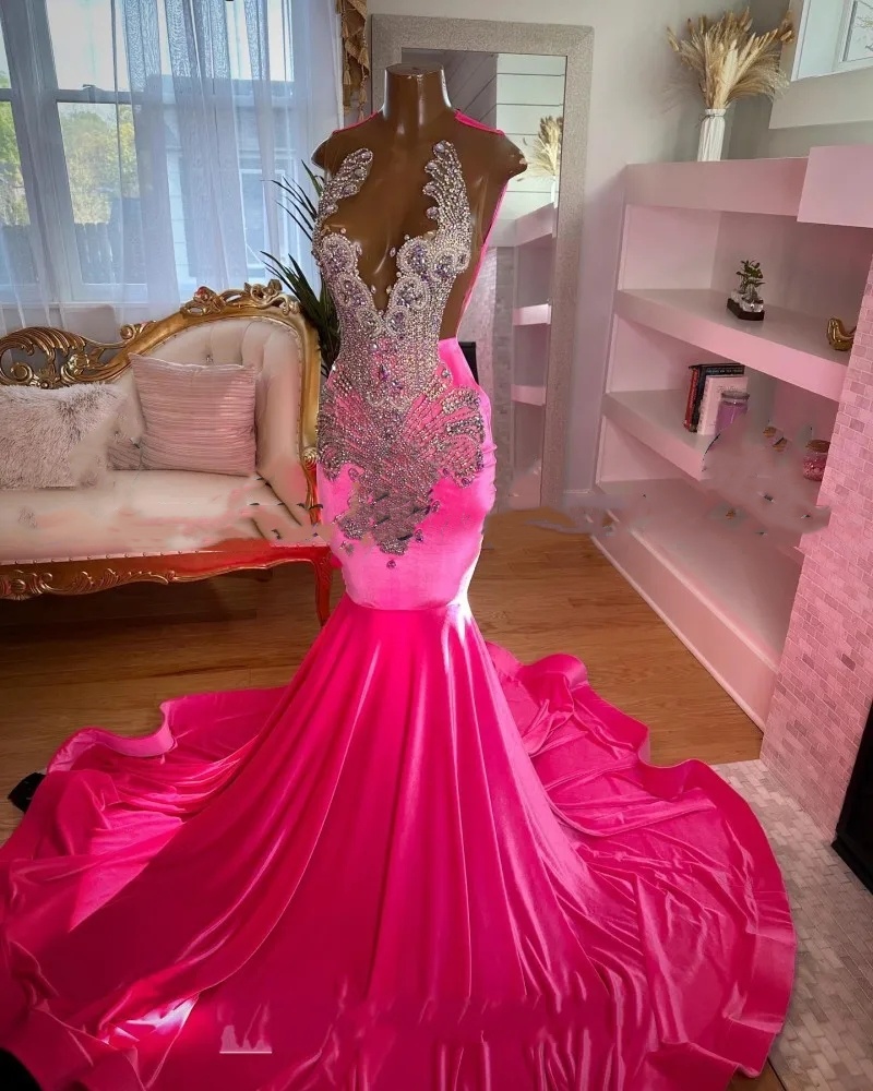 Hot Pink Veet Prom Dresses For Black Girls 2024 Sheer Neck CrystalSexy Backless Plus Size Birthday Party Gowns Robe De Bal