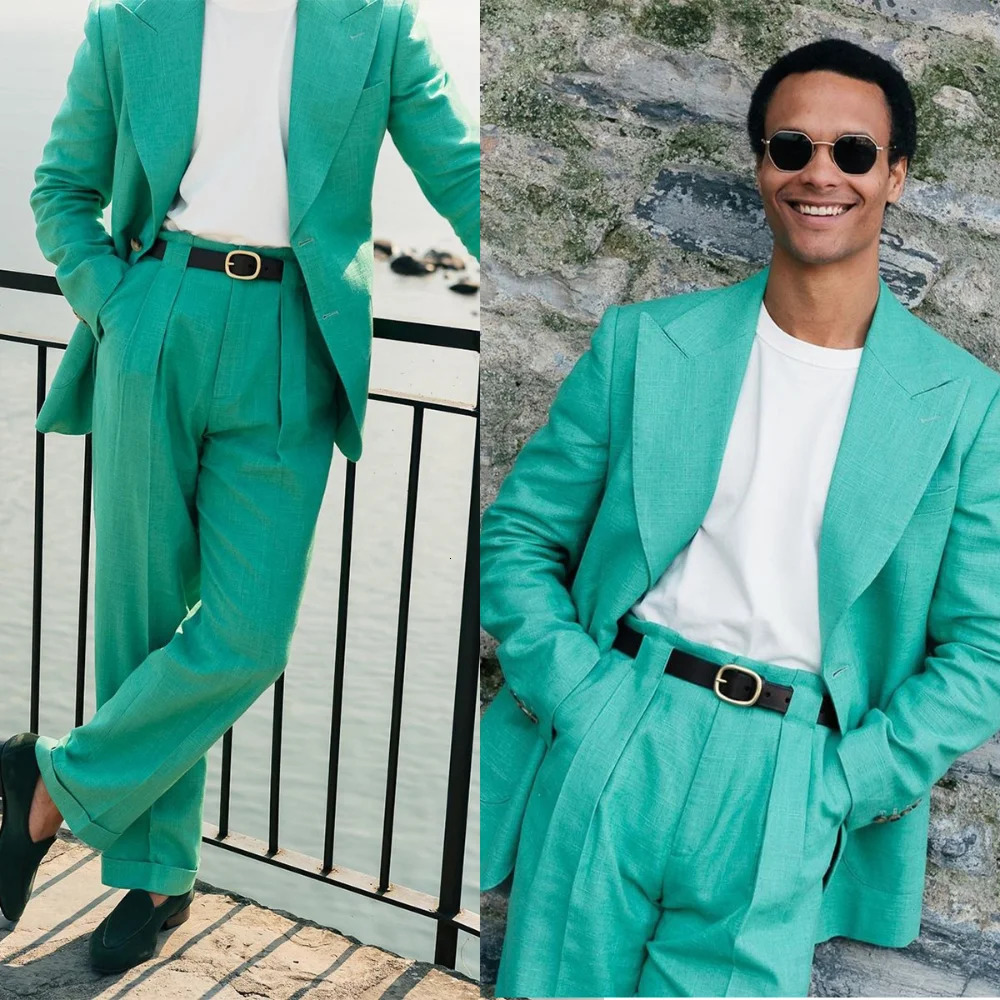 Fashion Linen Men Suits 2 Piece Summer Single Breasted Lapel Wear Elegant Formal Smart Casual Wedding Groom Costume Homme 241024