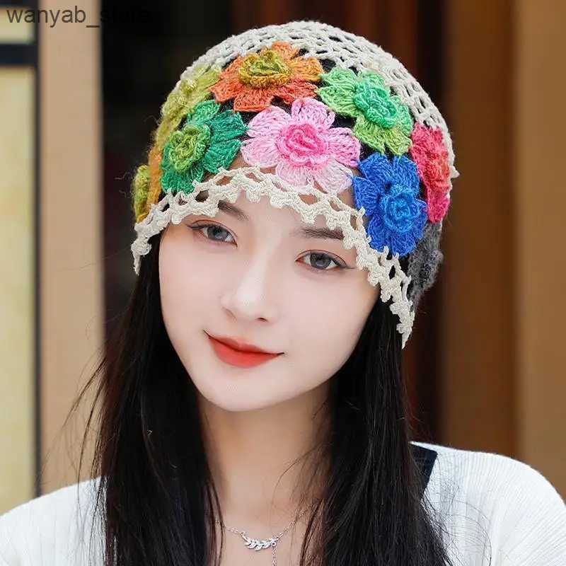 Wide Brim Hats Bucket Hats Japanese Spring Summer Literary and Artistic Colorful Flower Hollow Bag Head Hat Women Sweet Fashion Hand-crocheted Beanie 