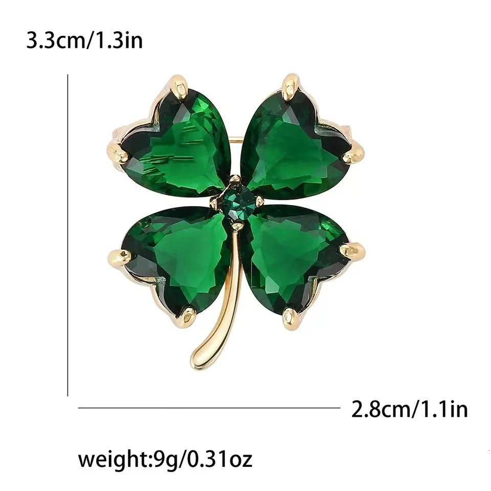 Delicate Green Crystal Lucky Four Leaf Clover Brooches for Women Retro Emerald Heart Lapel Pin Female Wedding Clothing Jewelry 241031