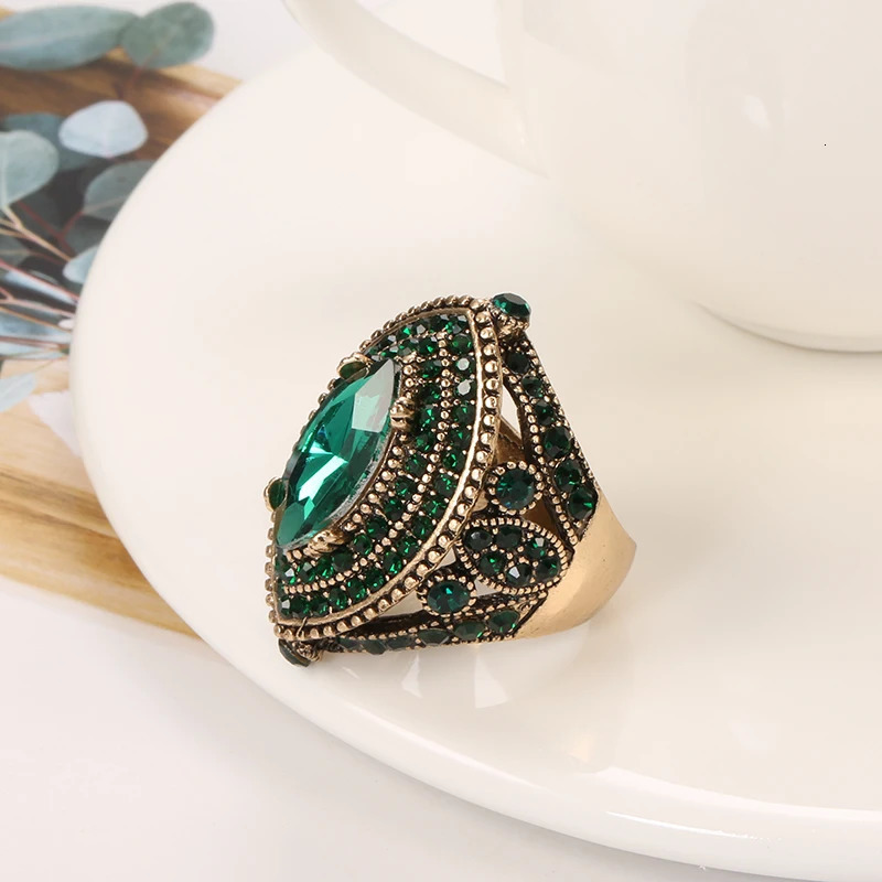 Kinel Antique Ring For Women Vintage Look Green Crystal Boho Jewelry Gold Color Charm Ethnic Wedding 241031