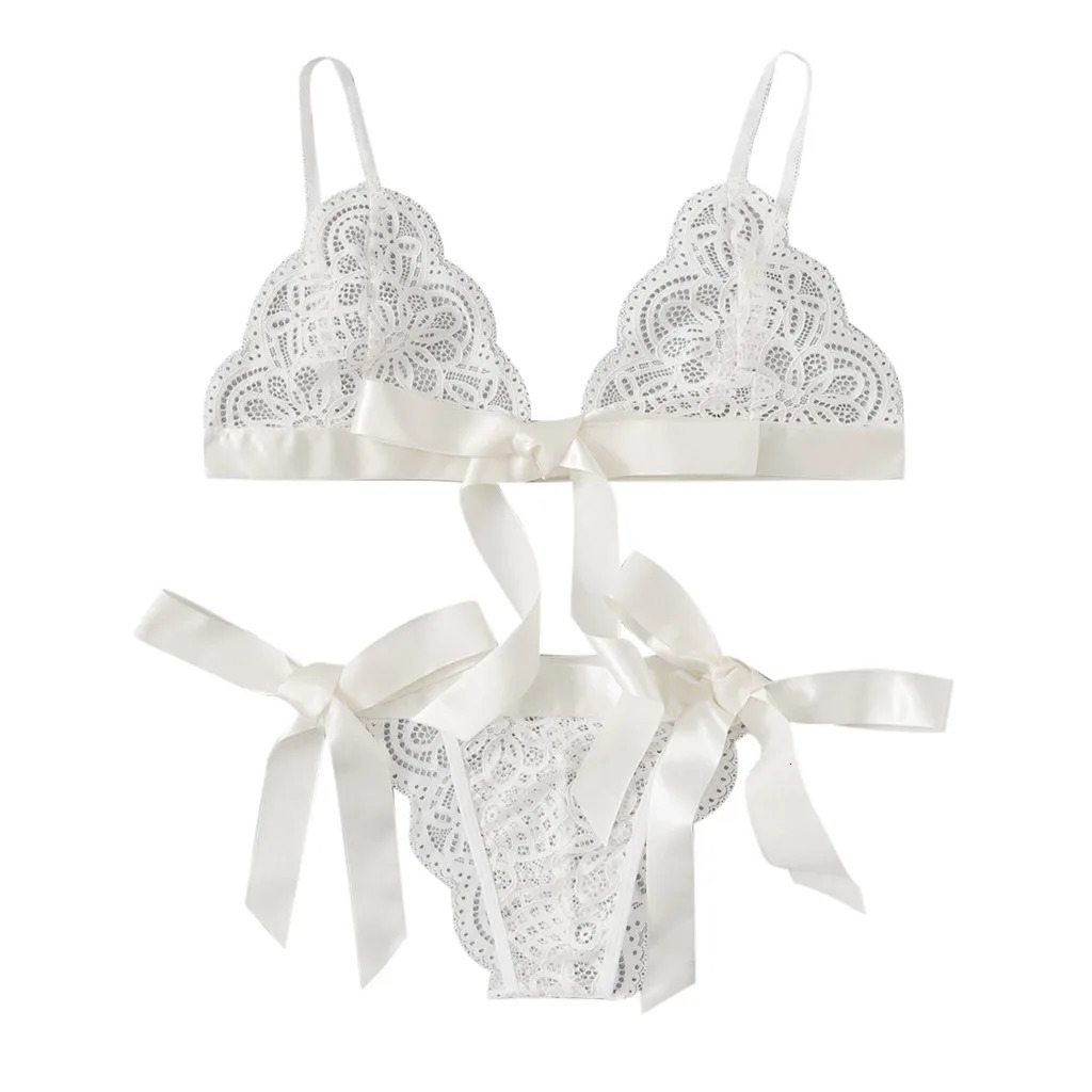 Women Bra Sexy Underpant Sets Scalloped Trim Tie Side Lace Bra Set Solid Color Lingerie Set Bow Embroidery Bra And Brief Sets 241031