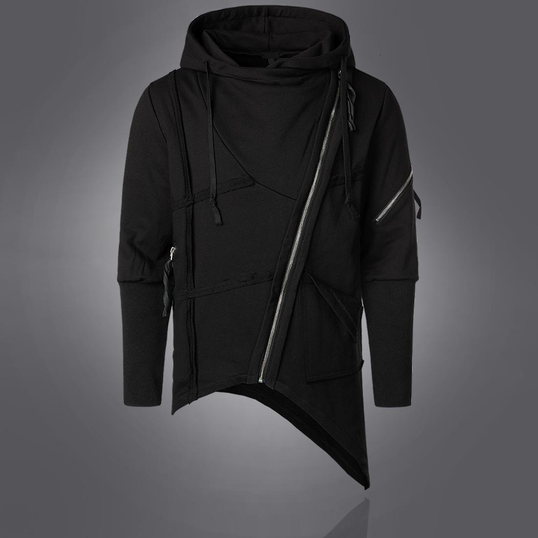 Men Hooded Sweatshirt Streetwear Fashion Hip Hop Black zip up hoodie Cloak Mantle japan Asymmetrical hem Long Hoodies boy 201113