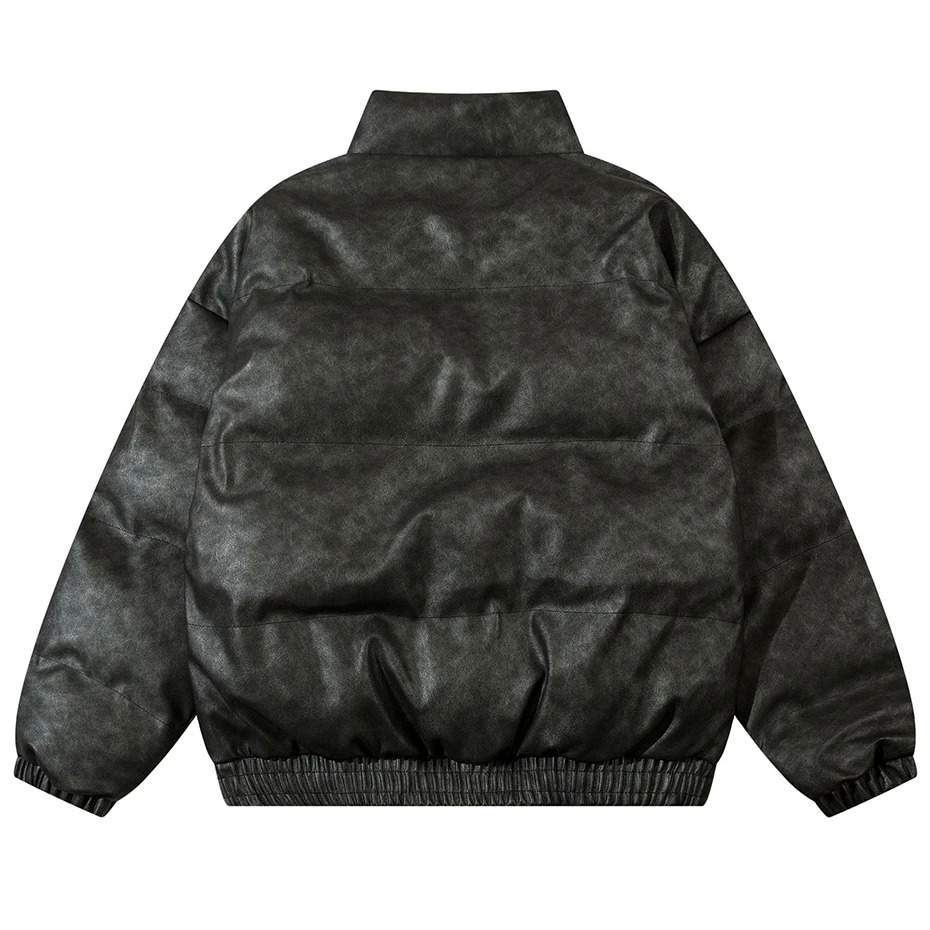 Padded Leather Jacket Winter Thicken Warm Parkas Bubble Coat 2024 Mens Vintage Black Loose Puffer Jackets 241031