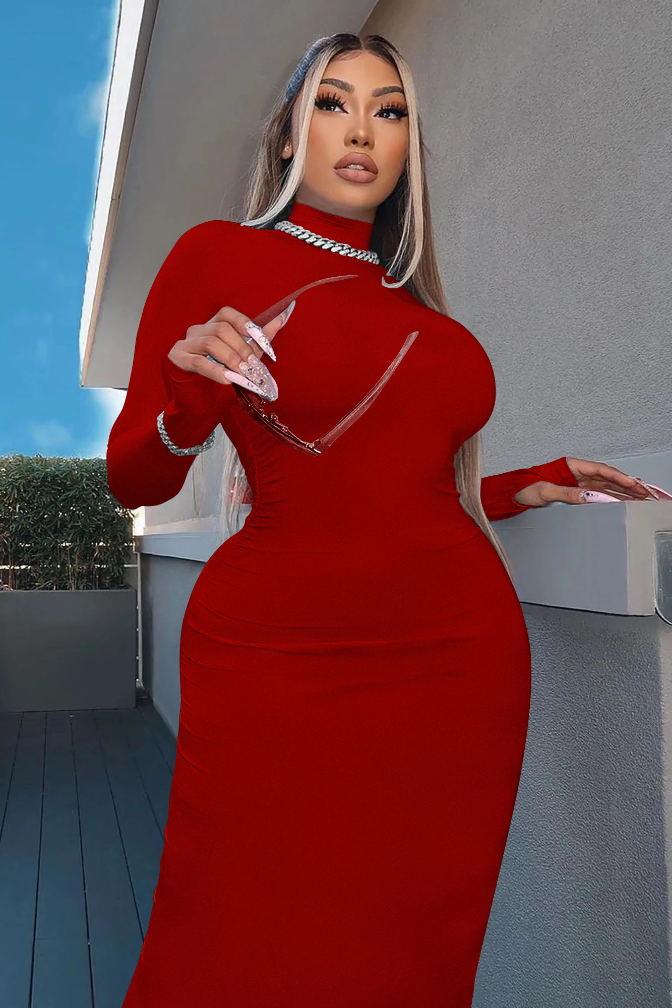 spring Longuette longsleeved Elastic force Slim High collar slim long dress 241031