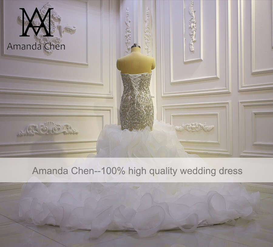 robe blanche Crystal Beading Ruffles Mermaid Strapless Wedding Dress
