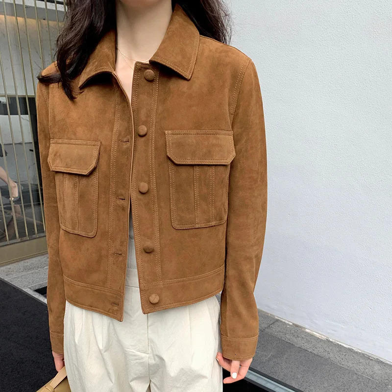 70s womens suede classic brown genuine sheepskin single chest retro long sleeved Paka fashion jacket top TF5844 241031